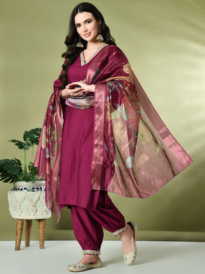 Magenta Flared Sleeves Thread Work Straight Kurta With Salwar & Dupatta