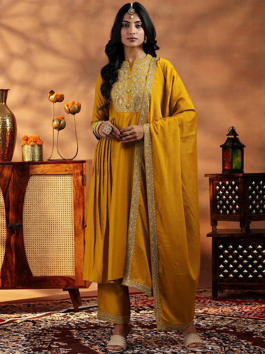 Floral Embroidered Zari Yoke Design Panelled A Line Kurta with Palazzos & Dupatta