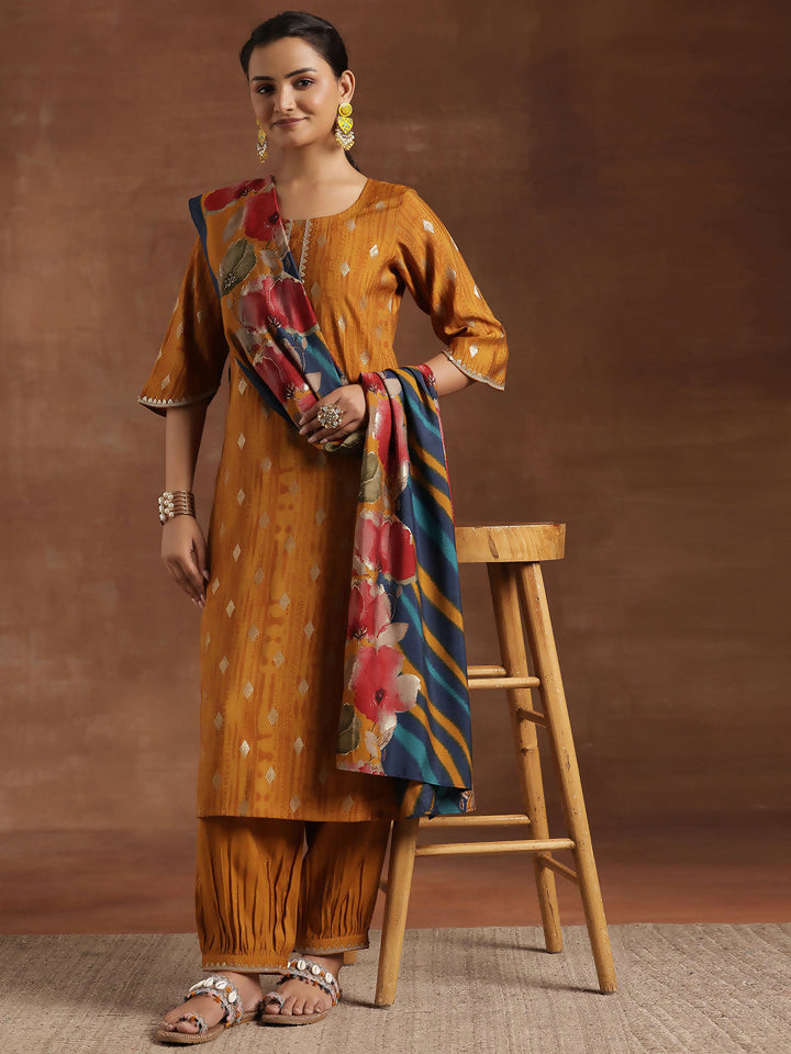 Women's LB Mustard Woven Design Silk Blend Straight Suit With Dupatta