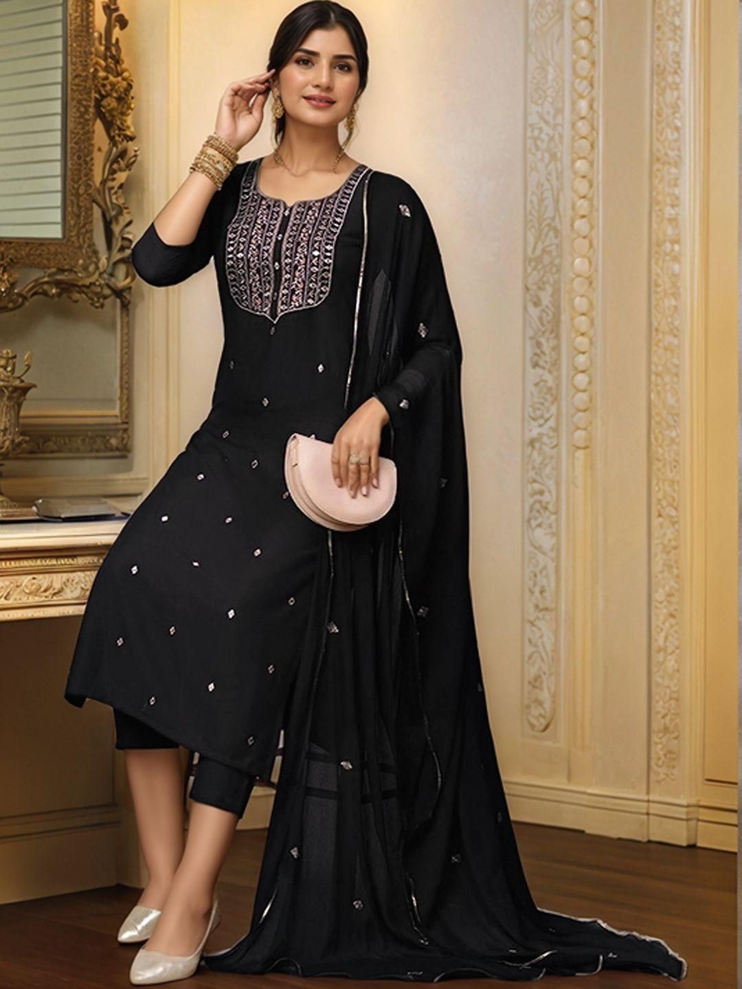 Dhiyona KL Women Black Rayon Blend Embroidered Straight Kurta Suit With Dupatta