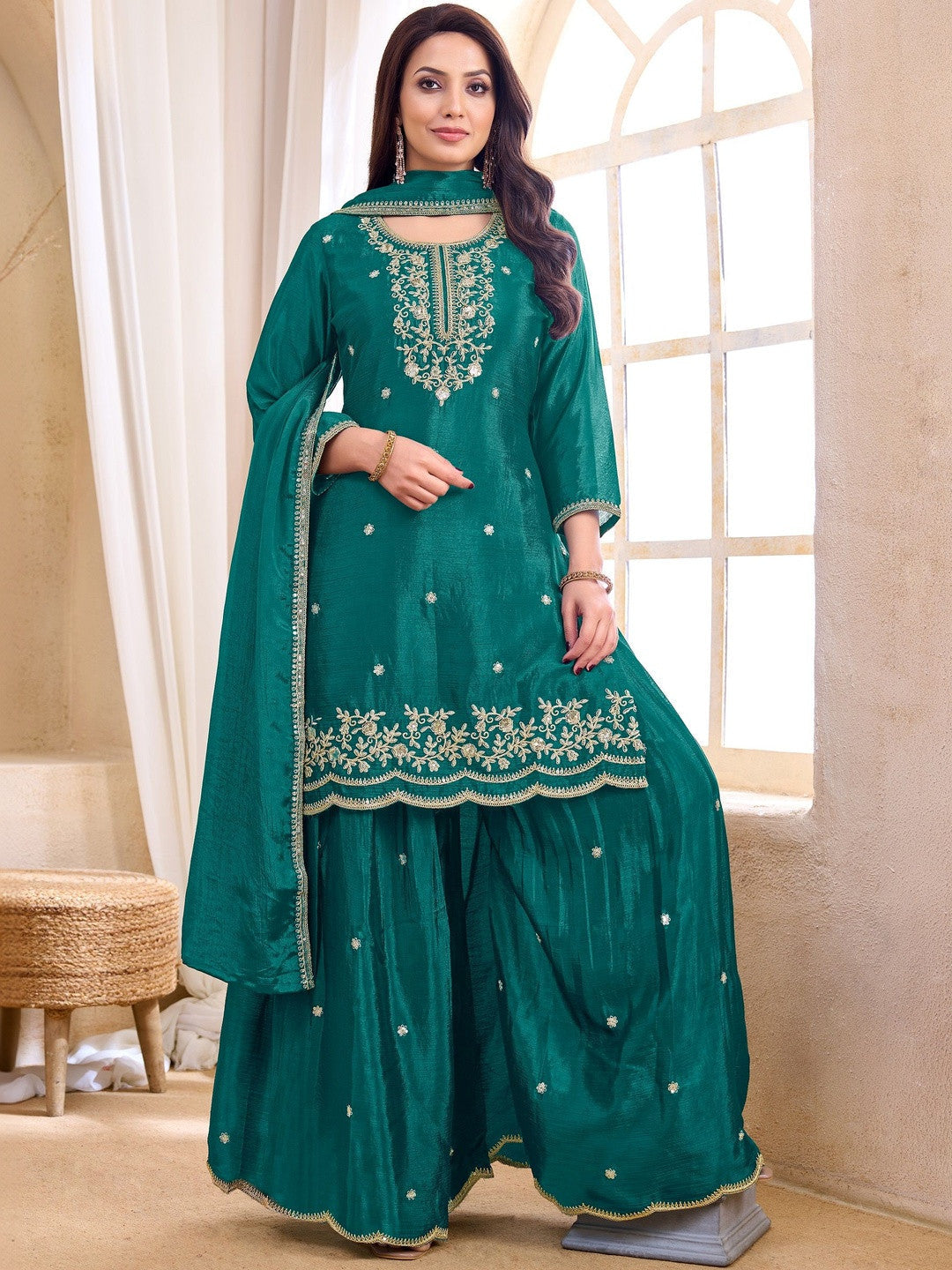 Dhiyona SN Embroidered Round Neck Kurta & Palazzos With Dupatta