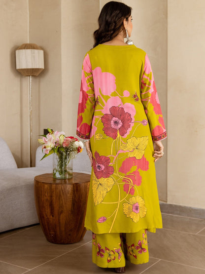 Floral Printed V-Neck Sequinned A-Line Kurta With Palazzo