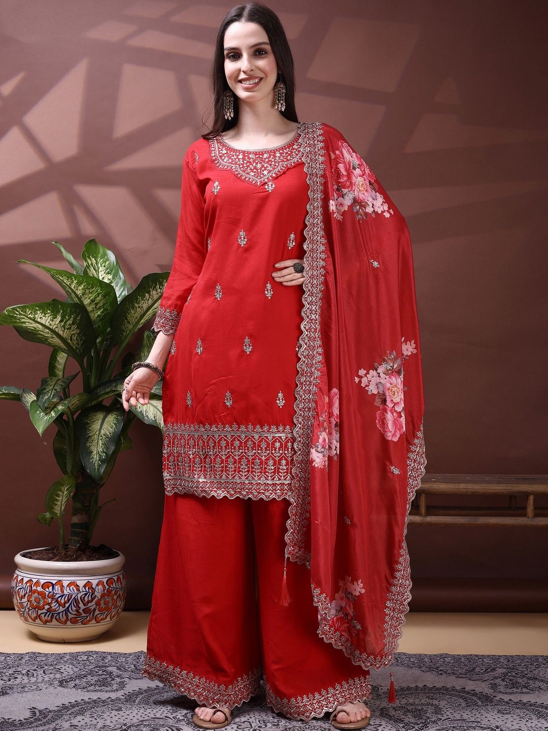 Dhiyona SN Embroidered Round Neck Kurta & Sharara With Dupatta