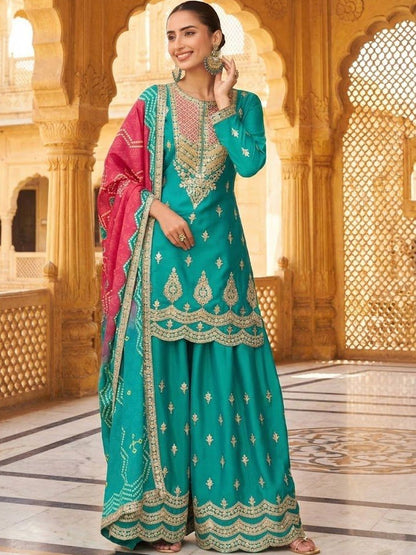 Dhiyona HOP Embroidered Round Neck Kurta & Sharara With Dupatta