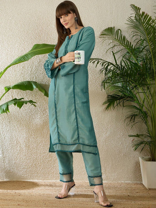Dhiyona IE Embroidered Round Neck Three-Quarter Sleeves Pure Cotton Tunic And Trousers
