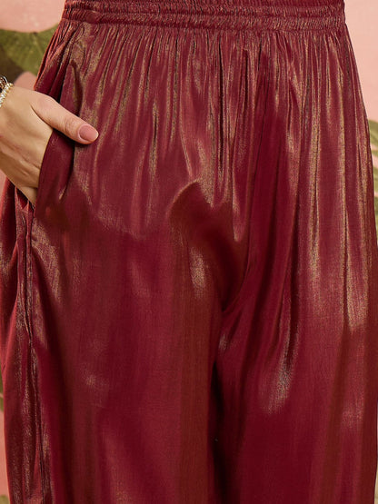 Embroidered Cotton Blend Round Neck Straight Kurta & Trousers With Dupatta