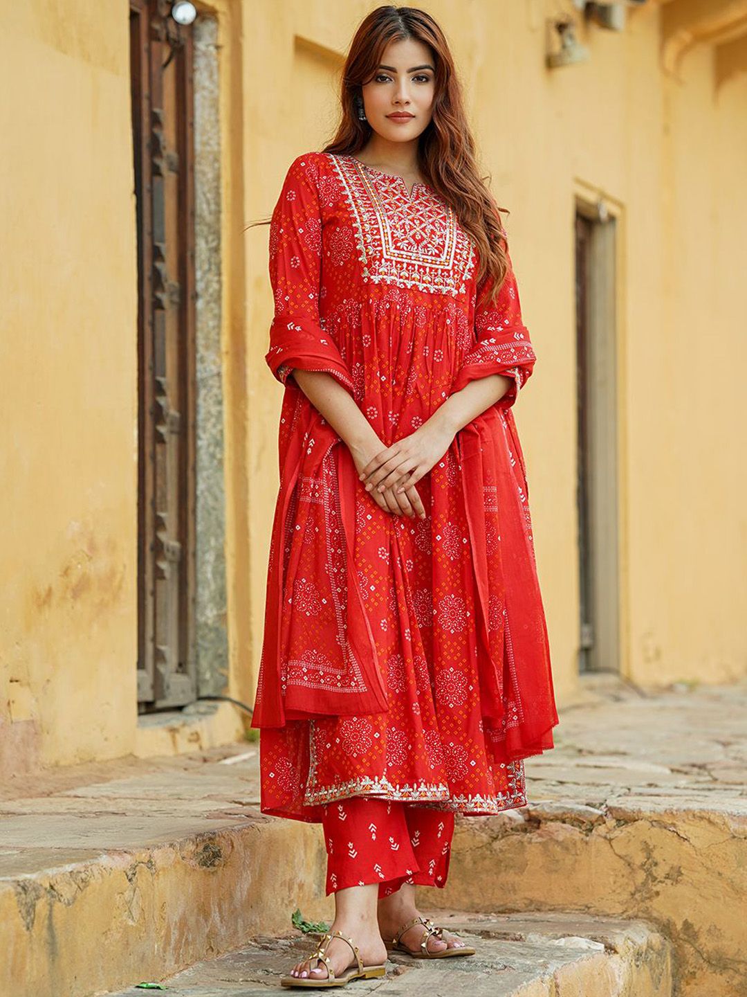 Dhiyona KL Bandhani Printed Thread Work Pure Cotton A-Line Kurta With Trousers & Dupatta