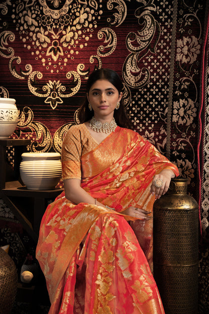 Dhiyona GR Women's Vedika Red Jimmi Choo Zari Woven Saree