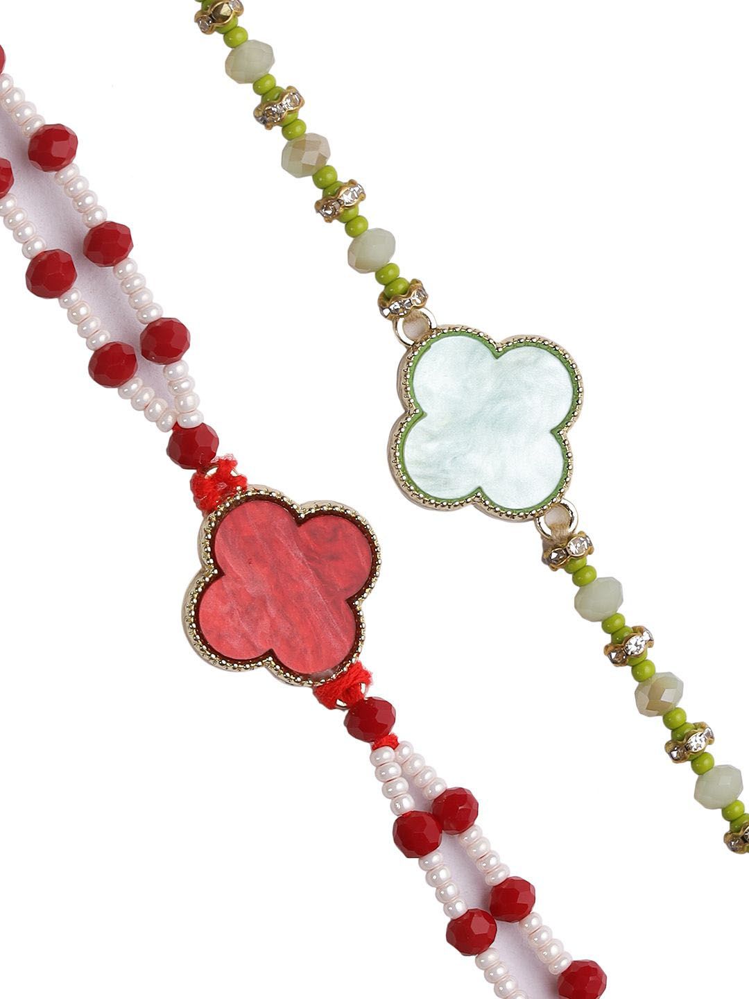 Dhiyona Set Of 2 Red Beaded Rakhi With Roli Rice & Greeting Card