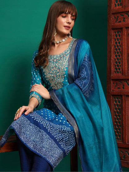 Women Bandhani Printed Regular Thread Work Kurta with Trousers & With Dupatta
