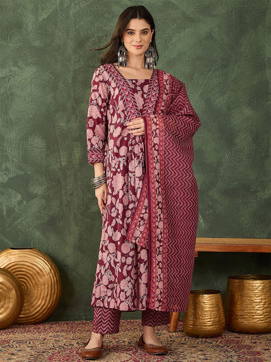 Dhiyona KL Floral Printed Anarkali Kurta With Trouser & Dupatta