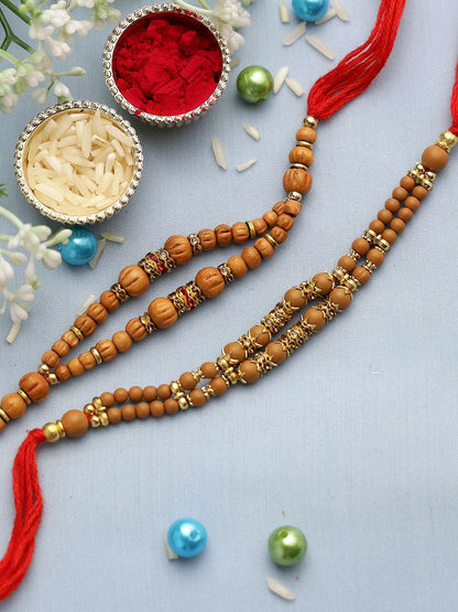 Dhiyona Set Of 2 Brown Beaded Rakhi With Roli Rice & Greeting Card