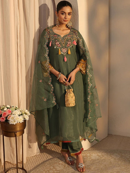 Women Ethnic Motifs Embroidered Regular Kurta with Trousers & With Dupatta
