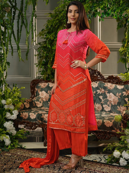 Bandhani Printed Tie-Up Neck Sequinned Straight Kurta With Trousers & Dupatta