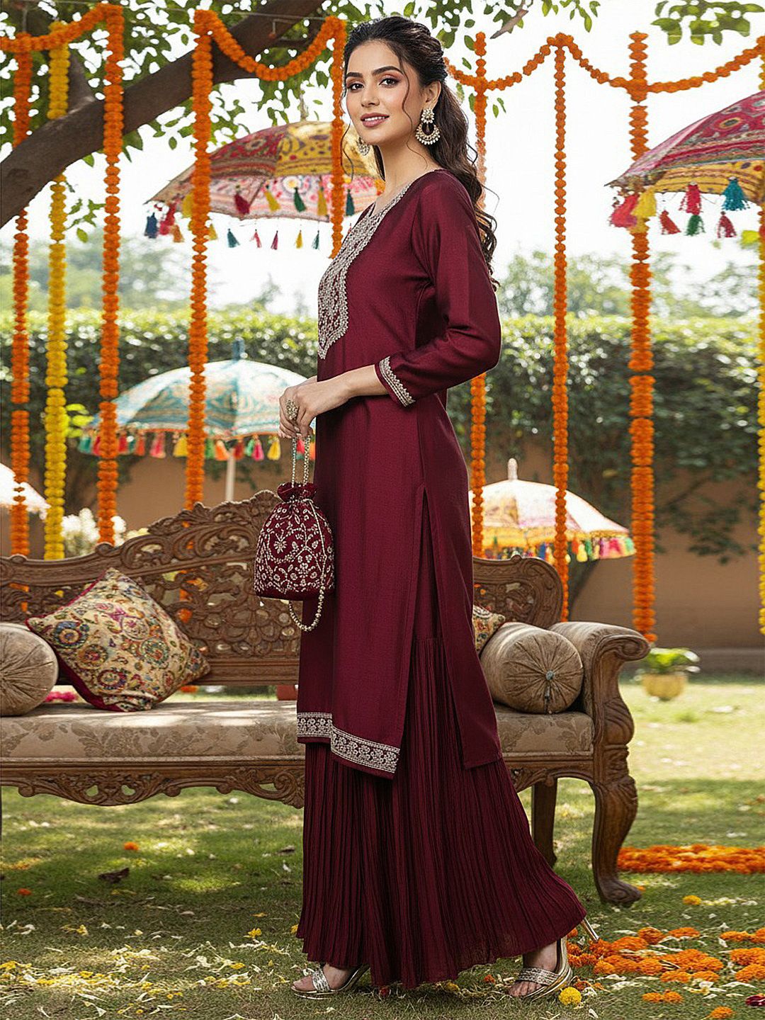 Dhiyona KL Floral Yoke Design Regular Sequinned Kurta with Sharara & Dupatta