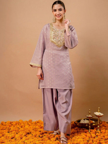 Embroidered Dusty Lavender Silk Blend Kurta Set