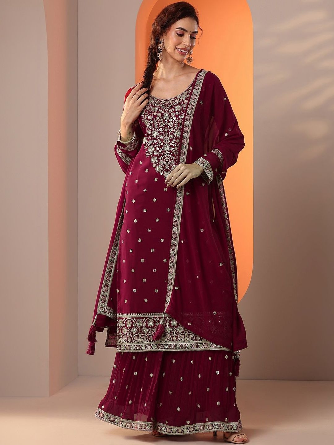 Dhiyona LL Women Ethnic Motifs Embroidered Regular Thread Work Kurta with Sharara & With Dupatta