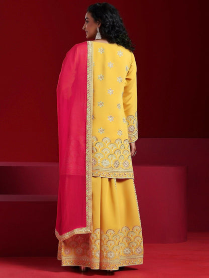 Women's LB Art Yellow Embroidered Silk Blend Straight Suit With Dupatta