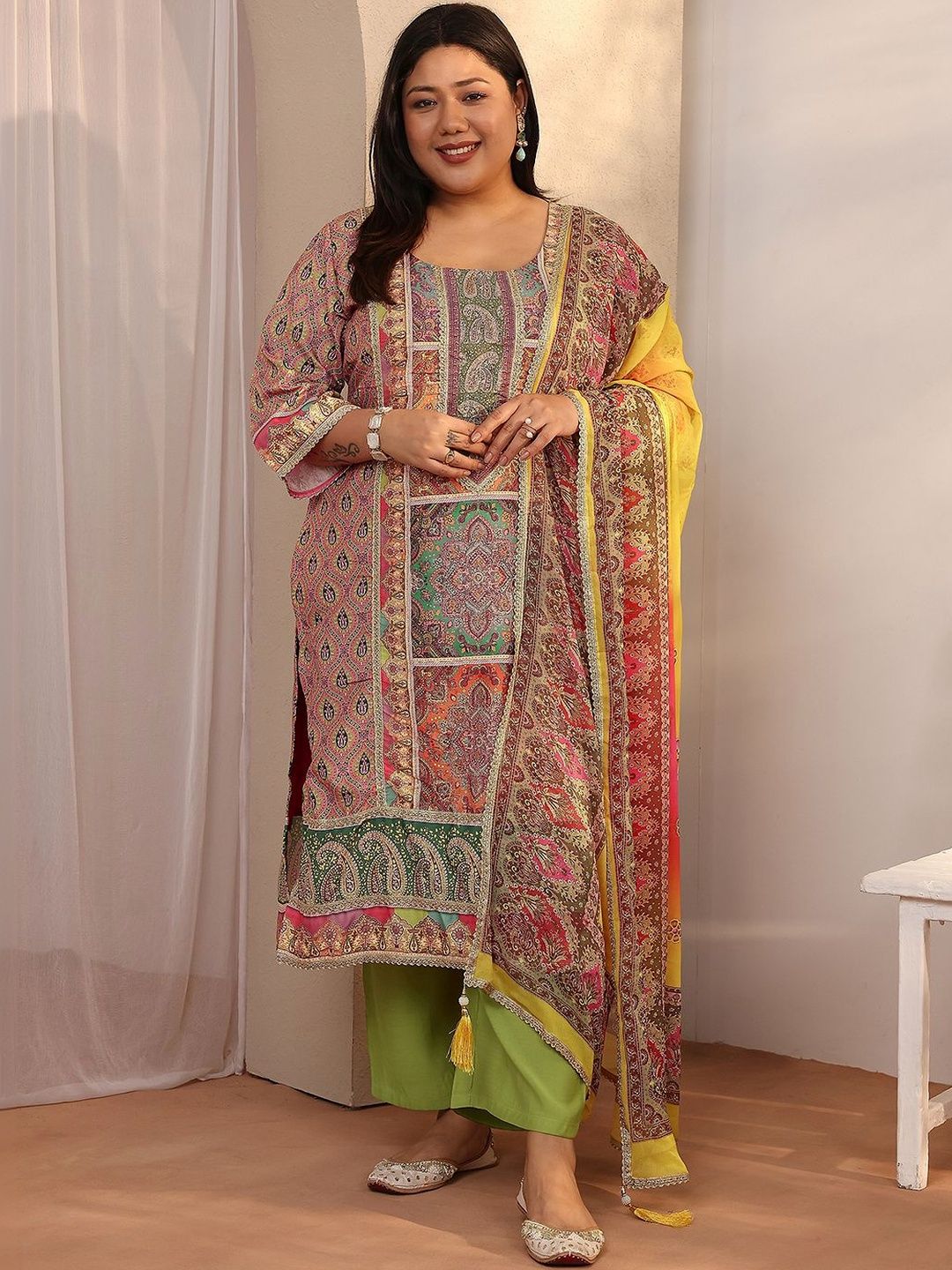 Dhiyona Women's Plus Size Ethnic Motifs Printed Kurta with Trousers & Dupatta