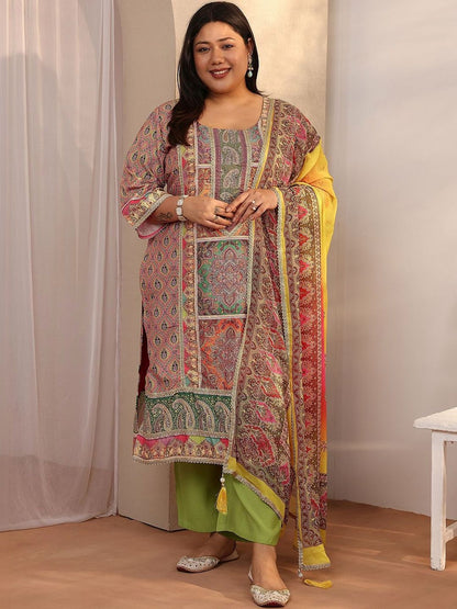 Dhiyona Women's Plus Size Ethnic Motifs Printed Kurta with Trousers & Dupatta