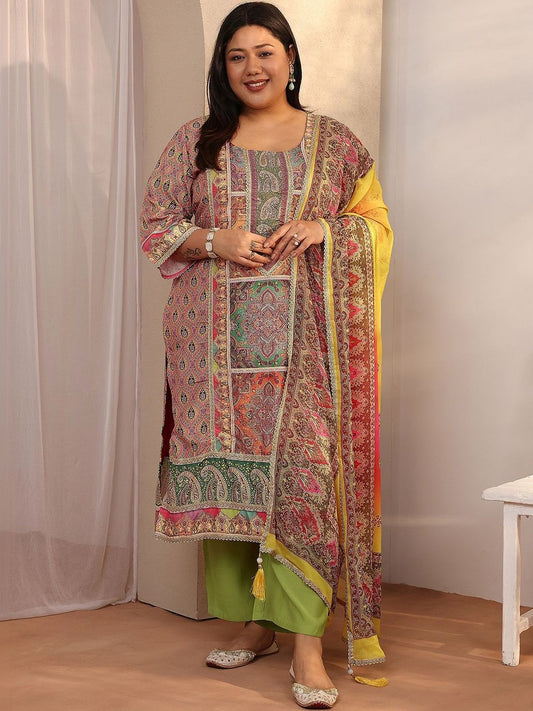 Dhiyona Women's Plus Size Ethnic Motifs Printed Kurta with Trousers & Dupatta