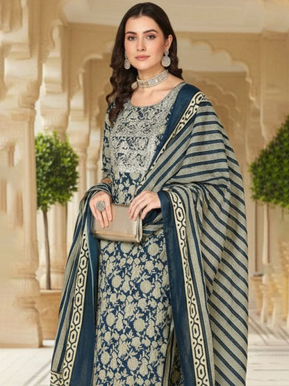Dhiyona KL Floral Printed Straight Kurta With Trousers & Dupatta