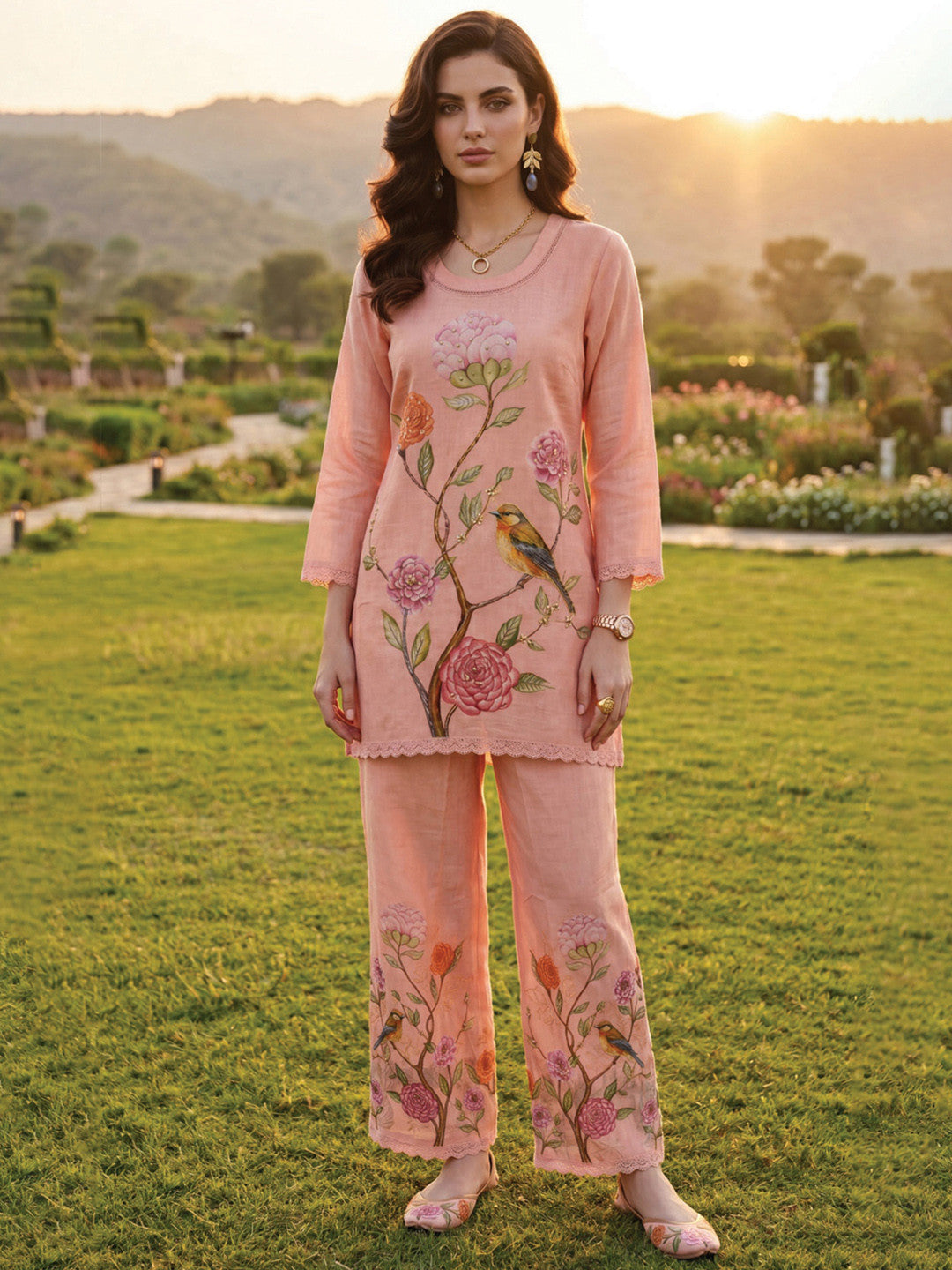 Printed V-Neck Straight Kurta With Palazzos