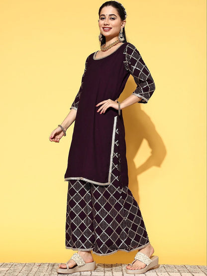 Women Geometric Sequinned Georgette Straight Kurta With Sharara & Dupatta