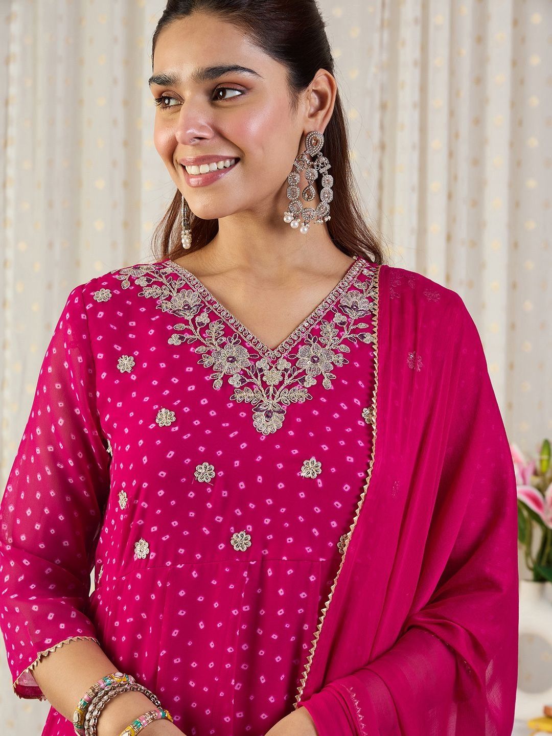 Ethnic Motifs Printed V-Neck Sequinned Georgette Kurta With Trousers & Dupatta