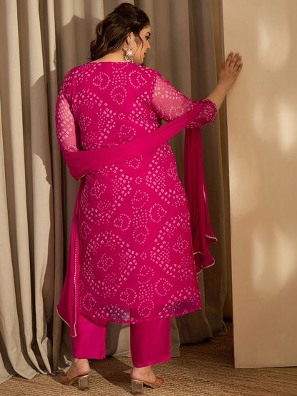 Plus Size Pink Embroidered Straight Kurta Trousers With Dupatta Set