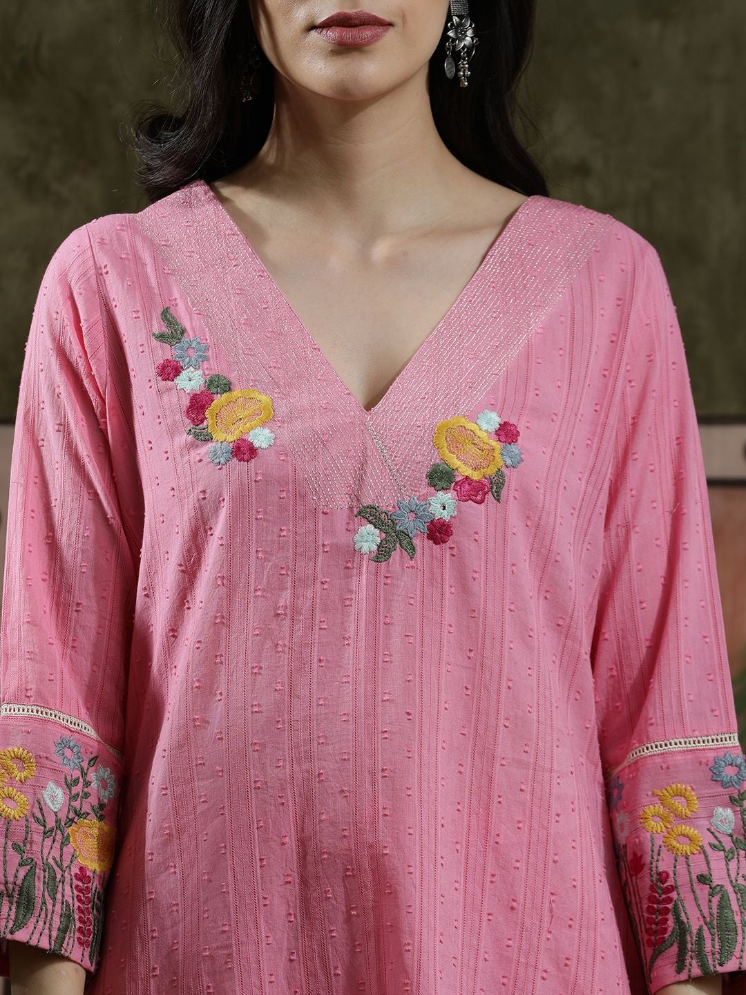 Embroidered Pure Cotton V-Neck Kurta & Trousers Kurta Sets