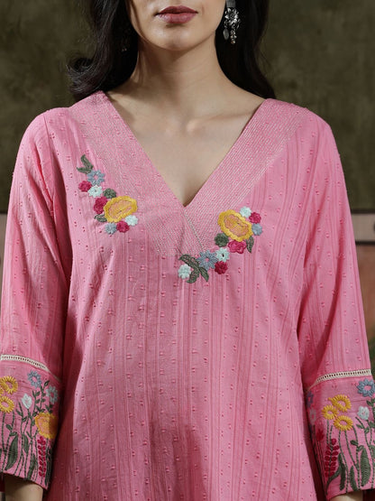 Embroidered Pure Cotton V-Neck Kurta & Trousers Kurta Sets