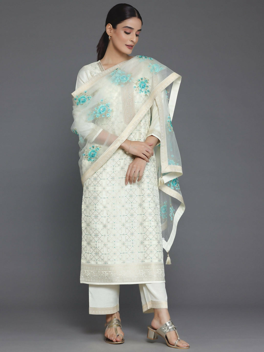 Women's LB Cream Woven Design Silk Blend Straight Suit With Dupatta