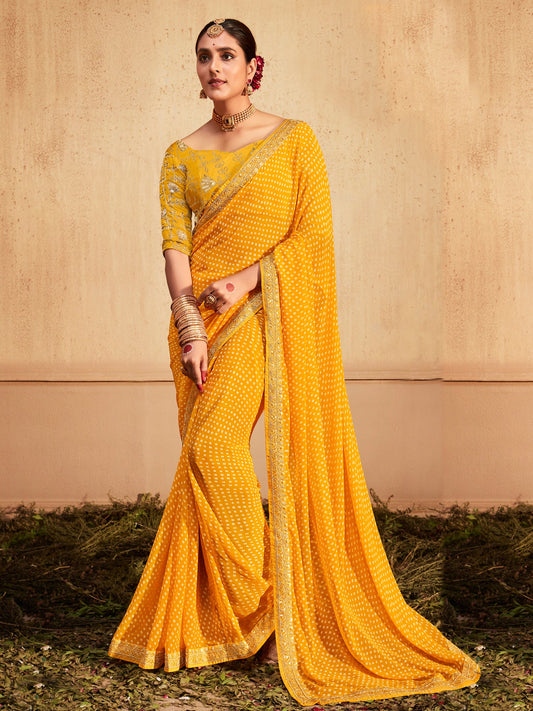 Women's Georgette Yellow Zari Embroidered Designer Saree With Blouse Piece