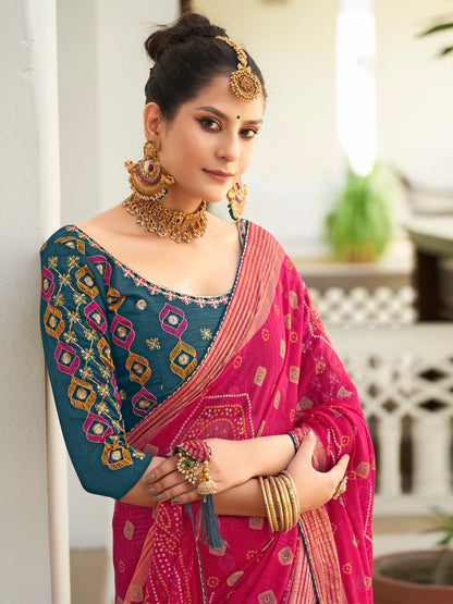 Women's Chiffon Pink Embellished Designer Saree With Blouse Piece