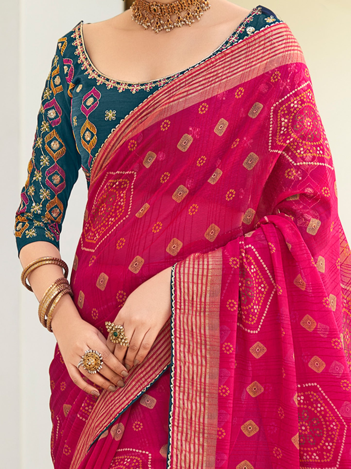 Women's Chiffon Pink Embellished Designer Saree With Blouse Piece