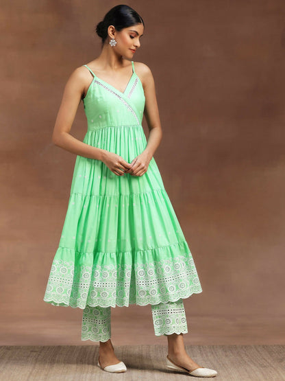 Women's LB The Kiara Cut Green Self Design Cotton Anarkali Kurta With Trousers