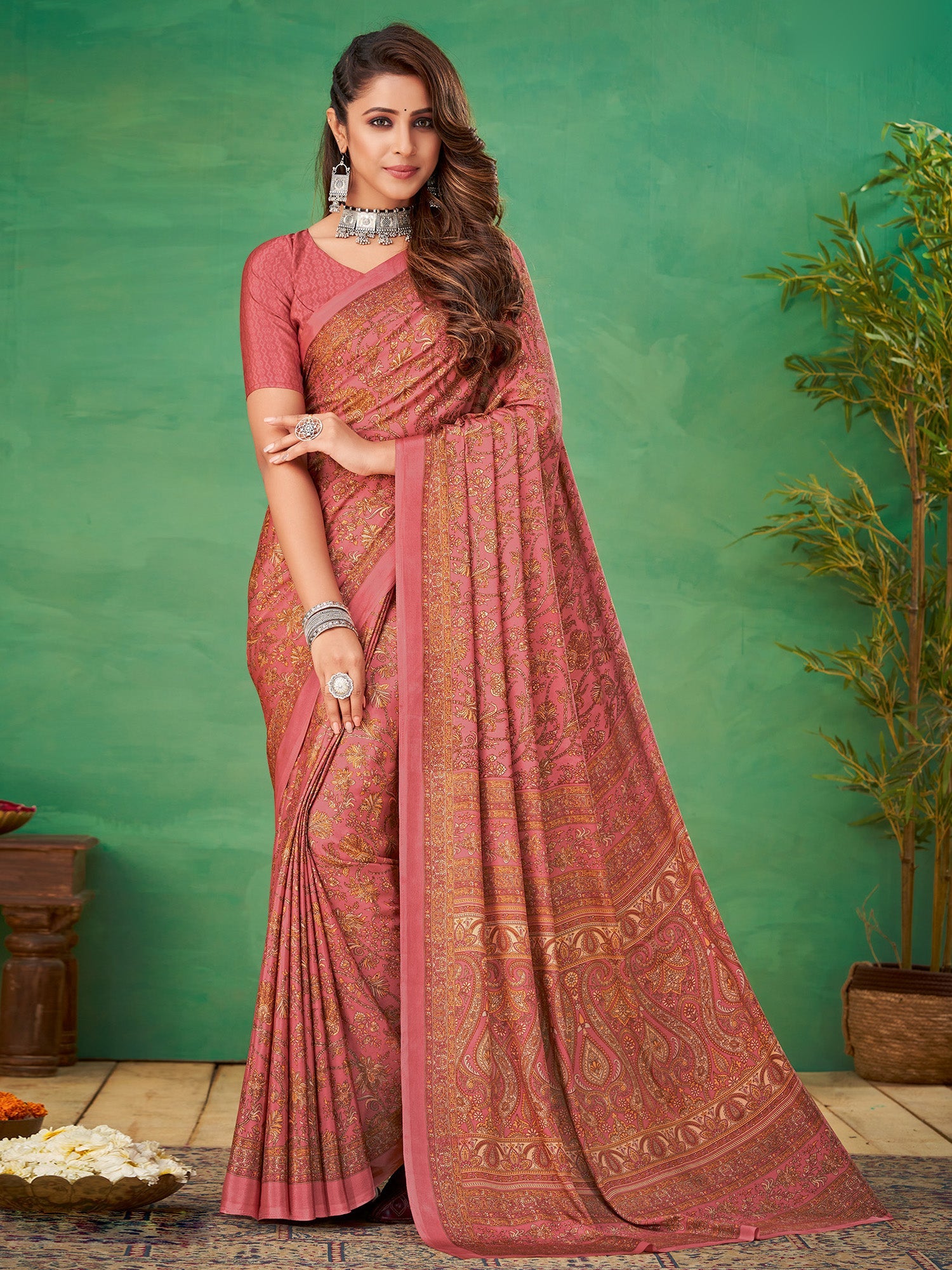 Women's Crepe Pink Printed Designer Saree With Blouse Piece
