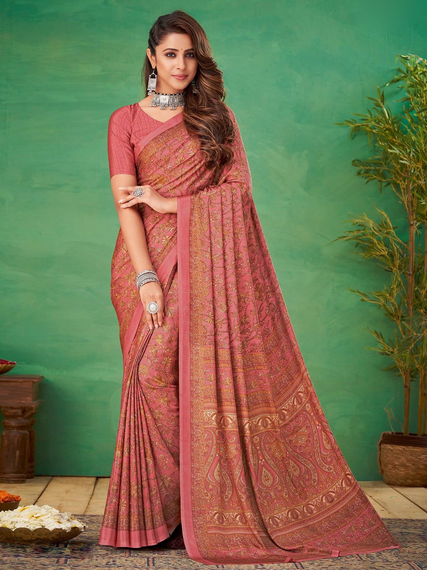 Women's Crepe Pink Printed Designer Saree With Blouse Piece