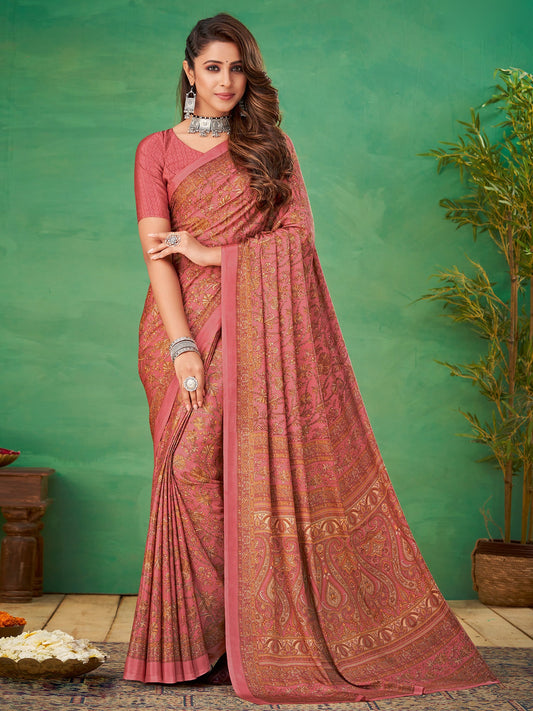 Women's Crepe Pink Printed Designer Saree With Blouse Piece