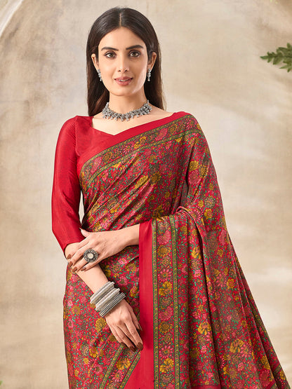Women's Crepe Red Printed Designer Saree With Blouse Piece