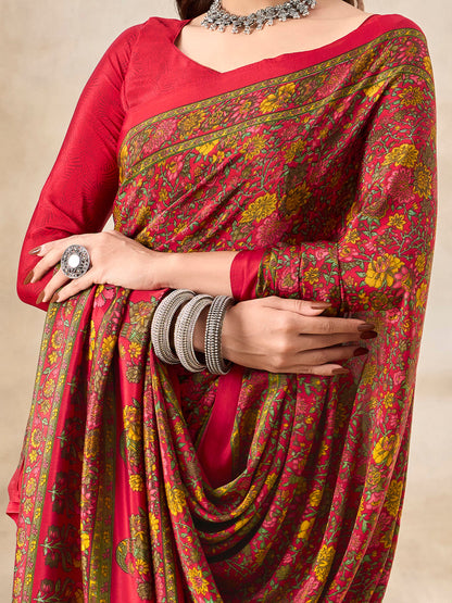 Women's Crepe Red Printed Designer Saree With Blouse Piece