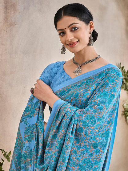 Women's Crepe Light Blue Printed Designer Saree With Blouse Piece