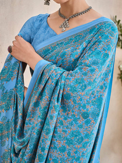 Women's Crepe Light Blue Printed Designer Saree With Blouse Piece