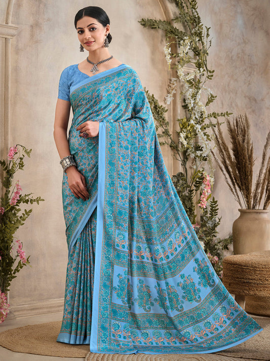 Women's Crepe Light Blue Printed Designer Saree With Blouse Piece