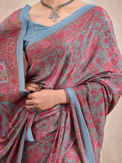 Women's Crepe Grey Printed Designer Saree With Blouse Piece