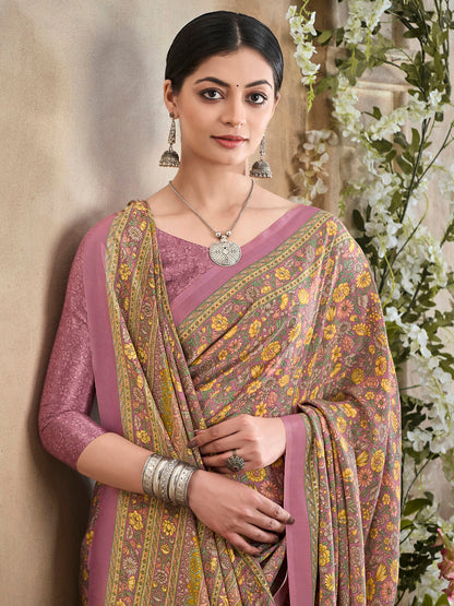 Women's Crepe Mauve Printed Designer Saree With Blouse Piece