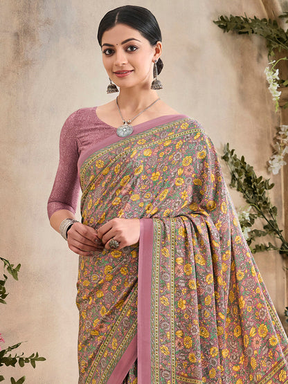 Women's Crepe Mauve Printed Designer Saree With Blouse Piece