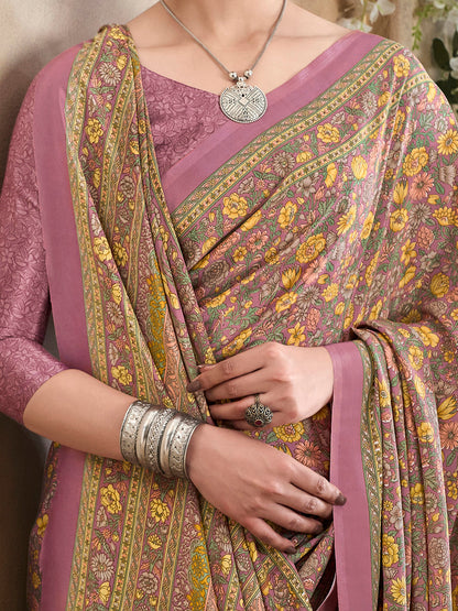 Women's Crepe Mauve Printed Designer Saree With Blouse Piece