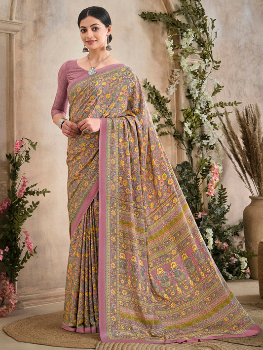 Women's Crepe Mauve Printed Designer Saree With Blouse Piece